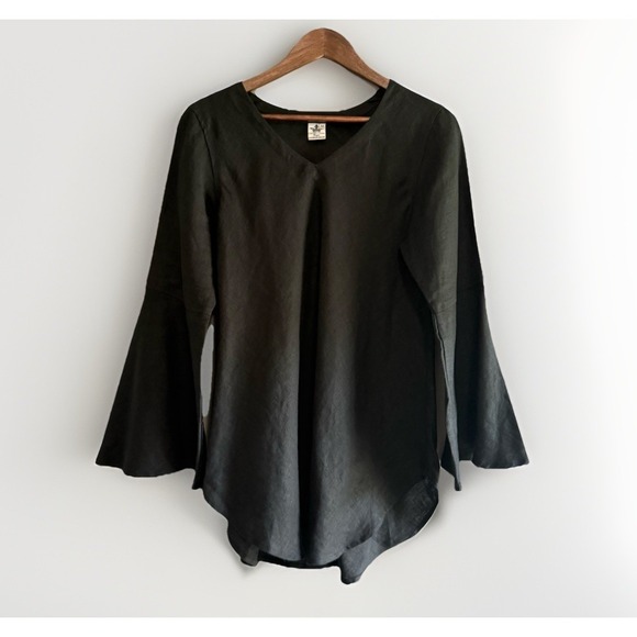 Crown Linen Designs Tops - Crown Linen Designs Linen Top Bell Sleeve Black Tunic V Neck Beach Lagenlook M